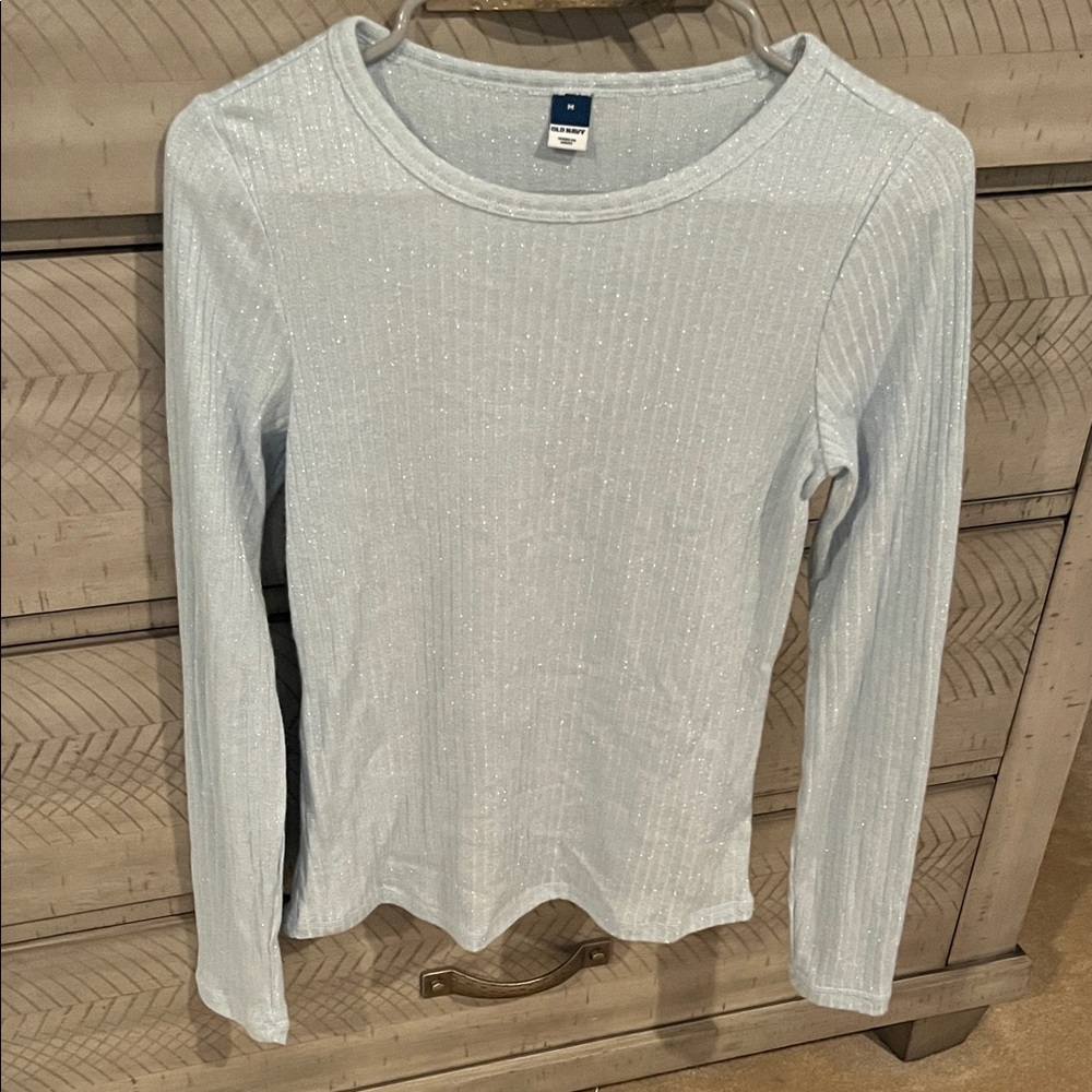 Old Navy Light Blue Shimmery Ribbed Long-Sleeve Top